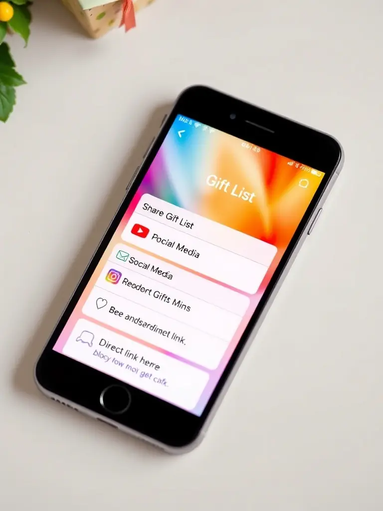 A smartphone displaying a gift list with options to share via social media, email, and direct link, emphasizing the ease of sharing.