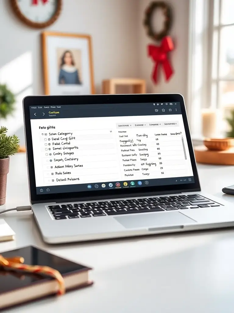 A personalized gift list displayed on a laptop, showcasing custom categories, notes, and priority settings, highlighting the customization options.