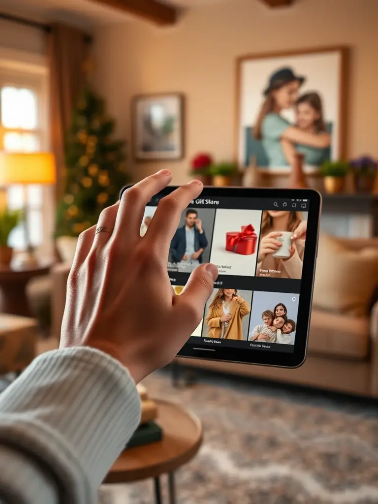 A hand selecting items from a curated online gift store on a tablet, with a focus on adding them to a digital wishlist.