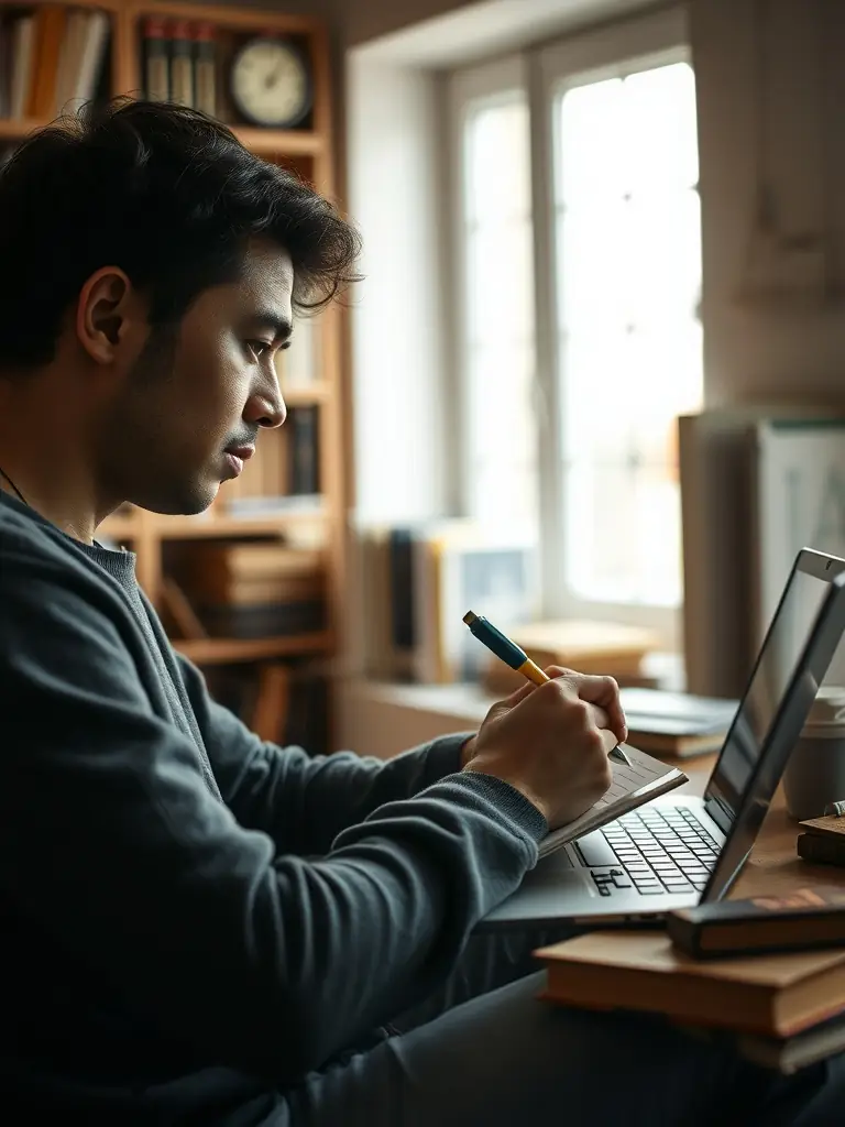 A person thoughtfully writing in a notebook, surrounded by gift catalogs and online shopping pages on a laptop, symbolizing the initial brainstorming phase of creating a gift list.